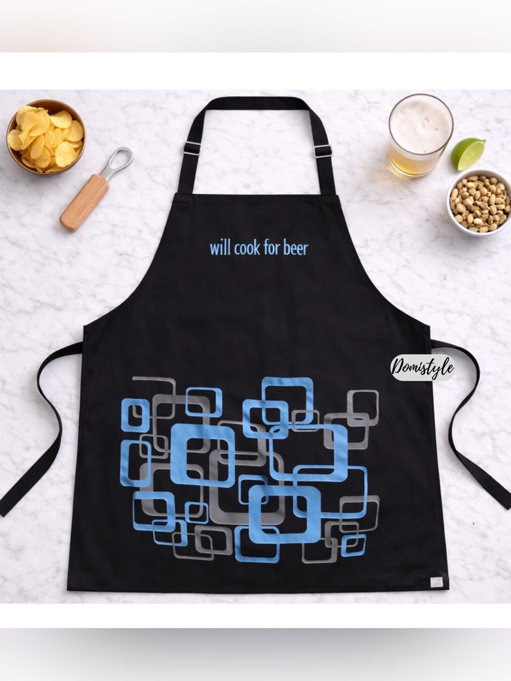 Black Apron with Blue Geometric Design - "Will Cook for Beer"